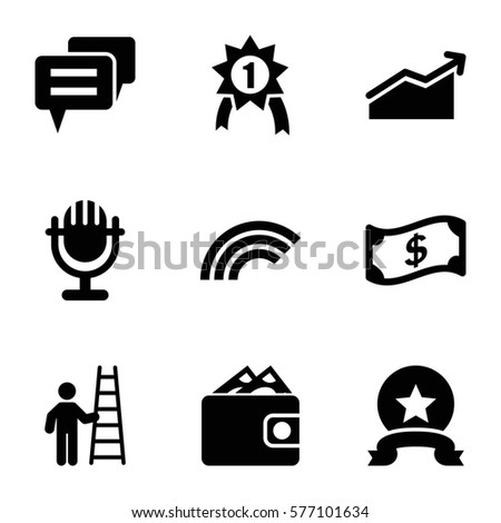 Success icon. Set of 9 Success filled icons such as chart, medal, number 1 medal, man with ladder, chat, wallet, microphone, rainbow