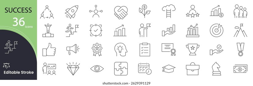 Success icon set. Achievement and motivation related line icons: trophy, medal, target, goal, award, winner, growth, celebration, leadership and more. Editable stroke. Vector illustration.