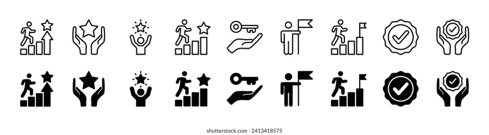 Conjunto de iconos de éxito. Iconos de línea delgada de procesos de éxito empresarial. Plan, Objetivo, Objetivo, Ganador, Colección de símbolos Victoria. Ilustración del vector