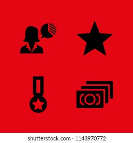 success icon set with businesswoman, medal with a star and money vector icons for web and graphic design