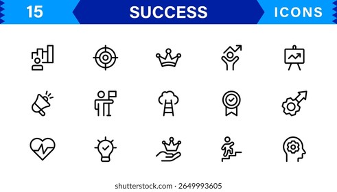 Conjunto de íconos de éxito en estilo de Vector limpio con logros, objetivos, motivación, recompensas y crecimiento para los negocios.