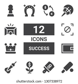 success icon set. Collection of 12 filled success icons included Cricket, Board, Growth, Dart, Wallet, Crown, Focus, Horseshoe, Goal, Pawn, Exchange