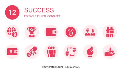 success icon set. Collection of 12 filled success icons included Coin, Trophy, Wallet, Emotion, Friends, Diploma, Cooperation, Friendship, Hand