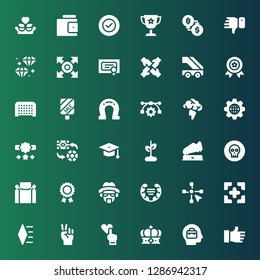 success icon set. Collection of 36 filled success icons included Like, Business, Crown, Hand, Diamond, Target, Vector, Laurel, Heisenberg, Prize, Red carpet, Coin, Trophy, Growth