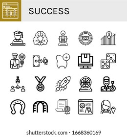 success icon set. Collection of Bar graph, Graduate, Idea, Target, Growth, Exchange, Check, Tracking, Dice, Collaboration, Medal, Startup, Darts, Archer, Horseshoe, Stairs icons