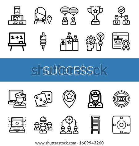 success icon set. Collection of Croupier, Board, Seller, Grip, Teamwork, Rank, Trophy, Strategic, Agreement, Reward, Graduate, Development, Dice, Team, Star, Time management icons