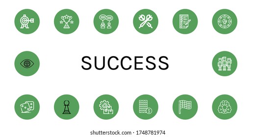 success icon set. Collection of Target, Trophy, Teamwork, Darts, Checking, Coin, Dice, Pawn, Management, Investment, Race flag, Idea, Vision, Team icons