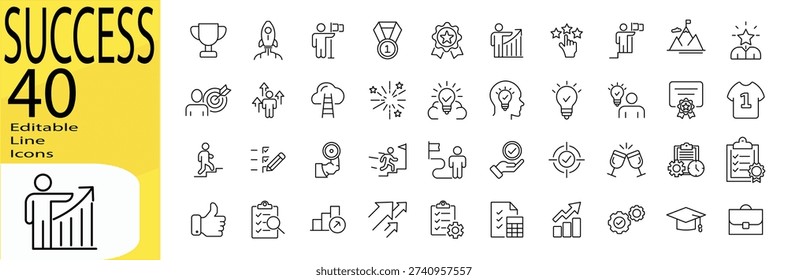 Success icon set. Editable stroke.
