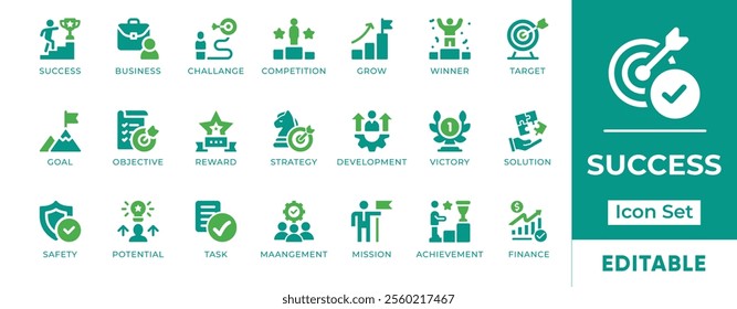 Success Icon Set. Features editable icons for success symbols, achievement, goals, strategy, development, victory, and more. Perfect for businesses, entrepreneurs, and personal growth.