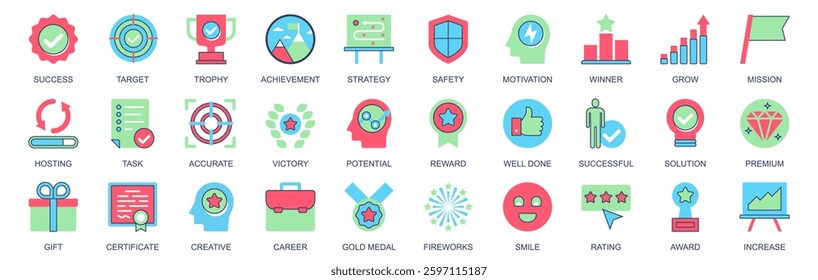 Success icon set in flat color icons web design. Pack pictograms with target, trophy, achievement, strategy, safety, motivation, winner, grow, mission, hosting, victory, other. Vector illustration.
