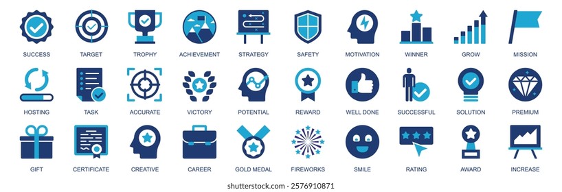 Success icon set in flat duotone solid icons web design. Pack pictograms with target, trophy achievement, strategy, motivation, winner, grow, mission, accurate, victory, other. Vector illustration.