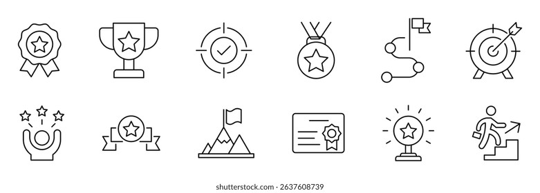 Success icon set. Goal Web Icon Set in Outline Style. Including process, target, aim, focus, human resource, strategy, winner and more. Vector illustration.