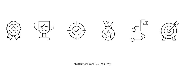Success icon set. Goal Web Icon Set in Outline Style. Including process, target, aim, focus, strategy, winner and more. Vector illustration.