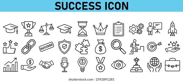 Success icon set. Icons with award, thumbs up, prize, medal, gift, trophy, badge, points, achievement, certificate and more. vector icons collection.