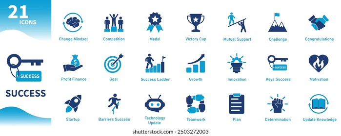 Success icon. Set of icons for business, startups, growth, knowledge update. Solid vector icons.