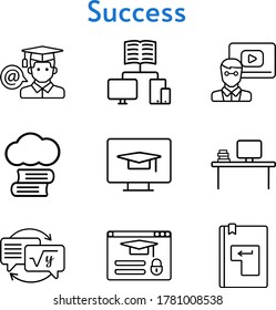 success icon set. included cloud library, teacher, desktop, homework, enter, student, login, school icons. linear styles.