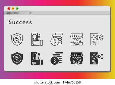 success icon set. included handshake, money, voucher, warranty icons on white background. linear, filled styles.