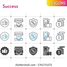 success icon set. included handshake, money, like, warranty icons on white background. linear, bicolor, filled styles.