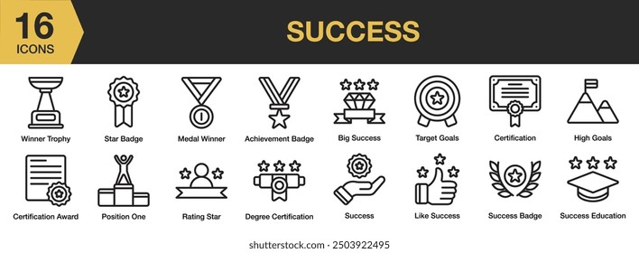 Success icon set. Includes achievement, big success, certification, high goal, and More. Outline icons vector collection.
