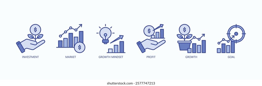 Success Icon Set Isolated Vector With Icon Of Investment, Market, Growth Mindset, Profit, Growth, Goal In Blue Style