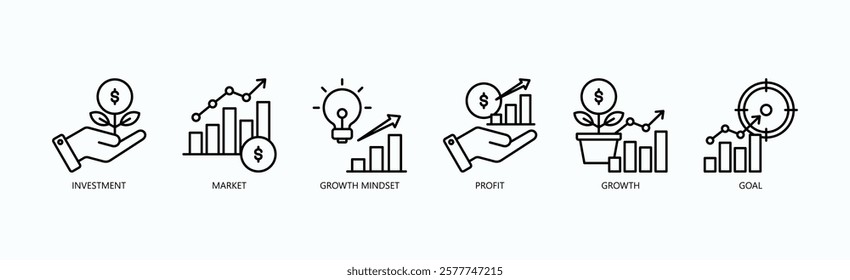 Success Icon Set Isolated Vector With Icon Of Investment, Market, Growth Mindset, Profit, Growth, Goal In Outline Style