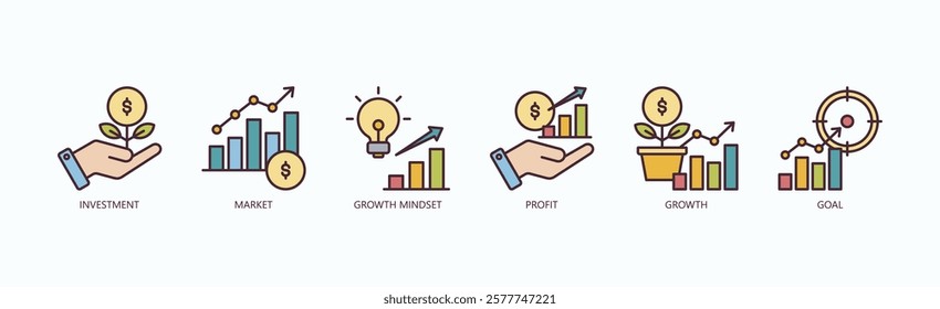 Success Icon Set Isolated Vector With Icon Of Investment, Market, Growth Mindset, Profit, Growth, Goal In Outline Color Style