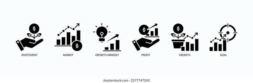 Success Icon Set Isolated Vector With Icon Of Investment, Market, Growth Mindset, Profit, Growth, Goal In Glyph Style