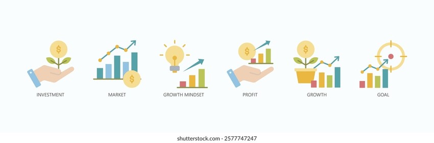 Success Icon Set Isolated Vector With Icon Of Investment, Market, Growth Mindset, Profit, Growth, Goal In Flat Style