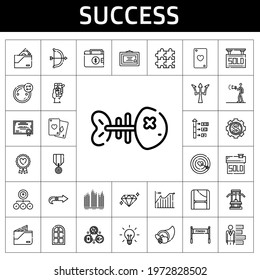 success icon set. line icon style. success related icons such as next, door, idea, certificate, advertising, line chart, fishbone, bar chart, medal, ace of hearts, finish