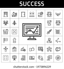 success icon set. line icon style. success related icons such as door, handshake, racing, rising, certificate, dice, dollar, line chart, user list, startup, bar chart, share