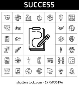 success icon set. line icon style. success related icons such as handshake, rising, idea, voucher, dice, user list, roulette, tic tac toe, medal, bar chart, share, man