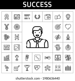 success icon set. line icon style. success related icons such as next, dice, newton, startup, negotiation, fishbone, bar chart, medal, man, trophy, brainstorming, laurel