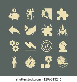 success icon set with puzzle, trophy cup in hand and cogwheels vector illustration