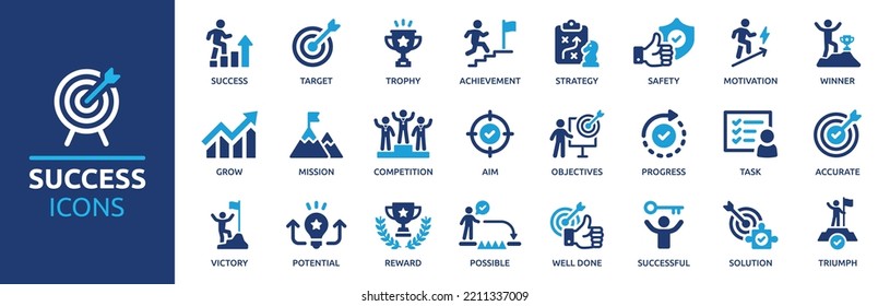 Success icon set. Successful business development, plan and process symbol. Solid icons vector collection. - Shutterstock ID 2211337009