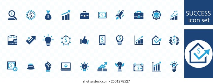 Success icon set. Successful business development, plan and process symbol