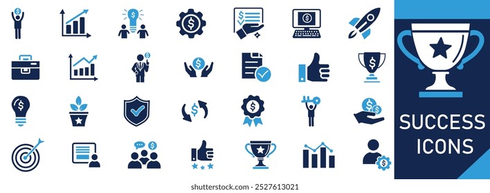 Success icon set. Successful business development, Solid icons vector collection