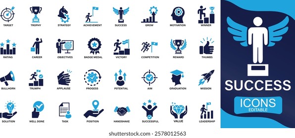 Success icon set Successful business development, Achievement, handshake, victory You can easily change the color