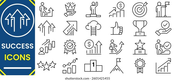 Success icon set. Successful business development, plan and process symbol. Success line icon collection, Success and Growth line icon, progress, career icons.Solid icons vector collection.