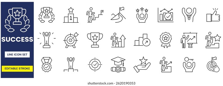Success icon set, successful business, achievement, winner, teamwork, target, customizable stroke, vector, illustration