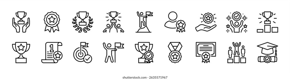 Success icon set. Successful business achievement. Contains winner, award, trophy, medal, reward, victory, laurel, goal, target, competition, celebration, certified, graduation, ribbon. Vector