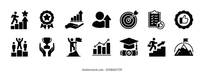 Success icon set. Successful management business development. Containing target, goal, plan, winner, achievement, trophy, badge medal, competition, graduation hat, mountain peak flag, growth graph	
