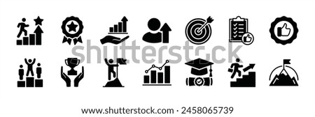 Success icon set. Successful management business development. Containing target, goal, plan, winner, achievement, trophy, badge medal, competition, graduation hat, mountain peak flag, growth graph	
