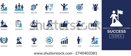 Success icon set for target,  winner, solution, strategy, success, award, motivation, and motivational project presentations. Solid icon collection.