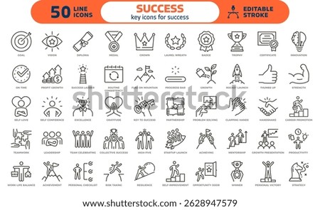 Success icon set. Thin line editable stroke icons for personal growth, career goals, leadership, productivity, motivation, achievement, resilience, growth mindset and teamwork.