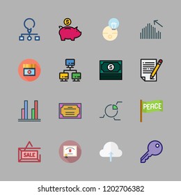 success icon set. vector set about certificate, sale, idea and piggy bank icons set.