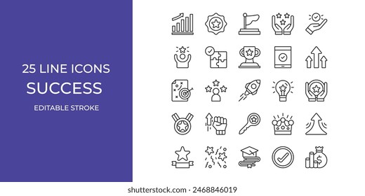 Success icon set vector design illustration stock editable stroke. growth, rocket, strategy and more