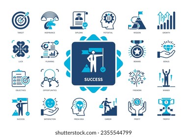 Success icon set. Winner, Potential, Reward, Planning, Target, Luck, Opportunities, Profit, Career, Growth. Duotone color solid icons