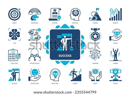 Success icon set. Winner, Potential, Reward, Planning, Target, Luck, Opportunities, Profit, Career, Growth. Duotone color solid icons