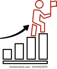 Success icon. Vector Illustration of a Man with a Flag Walking Up a Diagram. Successful Business Development Concept