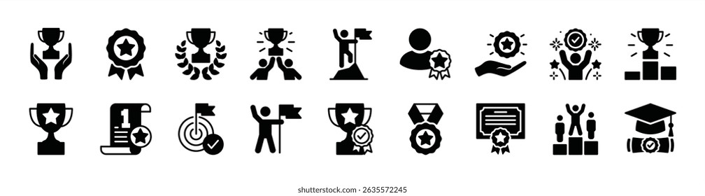 Conjunto de Vectores de icono de éxito. Logro empresarial exitoso. Contiene ganador, premio, trofeo, medalla, recompensa, victoria, laurel, gol, objetivo, competición, celebración, certificado, graduación, cinta
